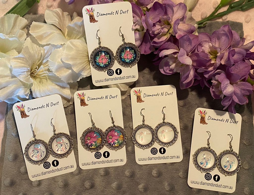 20mm Glass Cabochon Dangle Hook Earrings (5 designs to choose from)