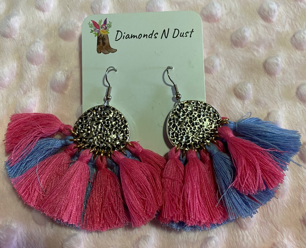 Pink & Blue Tassel Dangle Earrings