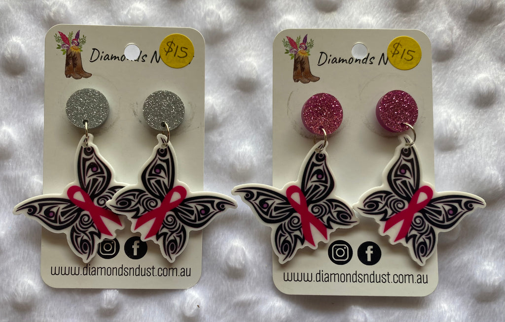 Pink Ribbon Butterfly Dangle Earrings