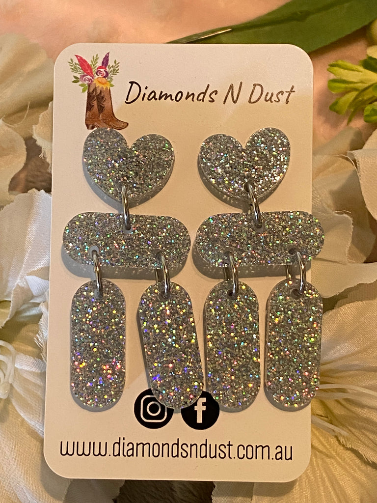 Silver Glitter Heart Drop Earrings