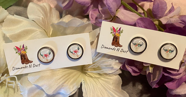 12mm Floral cow skull Glass Stud earrings (2 designs to choose from)