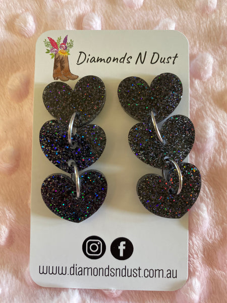 Black Glitter Trio Love Dangle Earrings