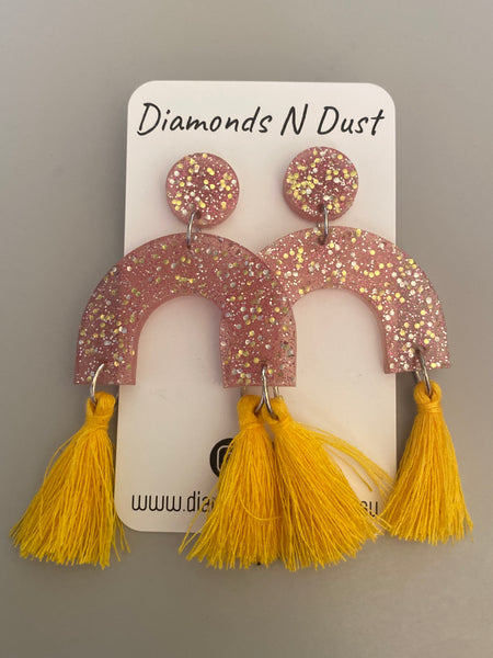 Blush Pink, gold Glitter and yellow tassel Dangle Earrings