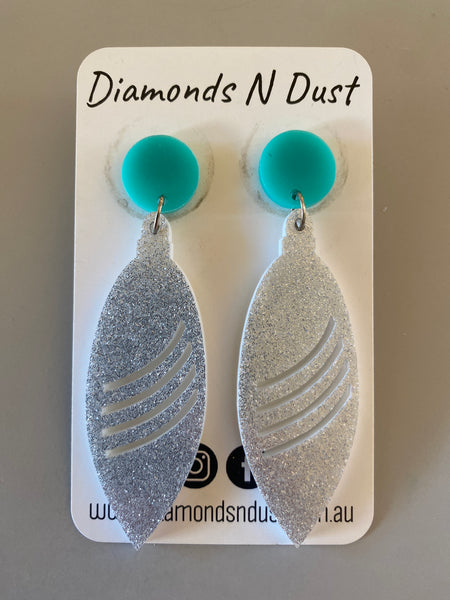 Silver glitter feather dangle earrings
