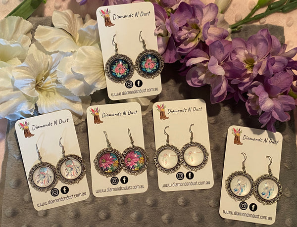 20mm Glass Cabochon Dangle Hook Earrings (5 designs to choose from)