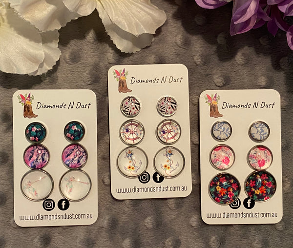Glass Stud Earrings Trio Pack