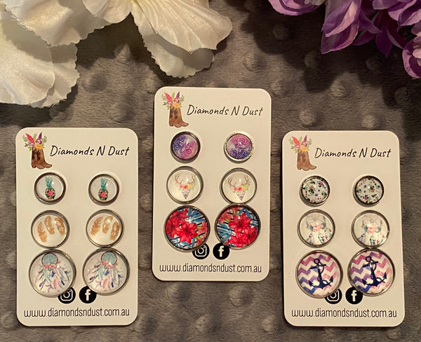 Glass Stud Earrings Trio Pack