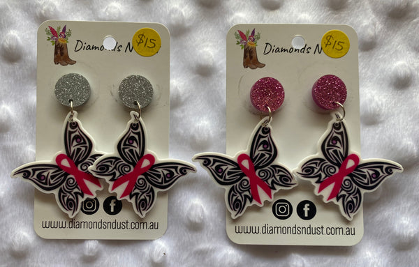 Pink Ribbon Butterfly Dangle Earrings