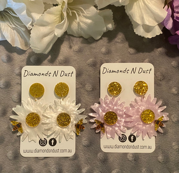 Daisy and Bees Dangle Earrings