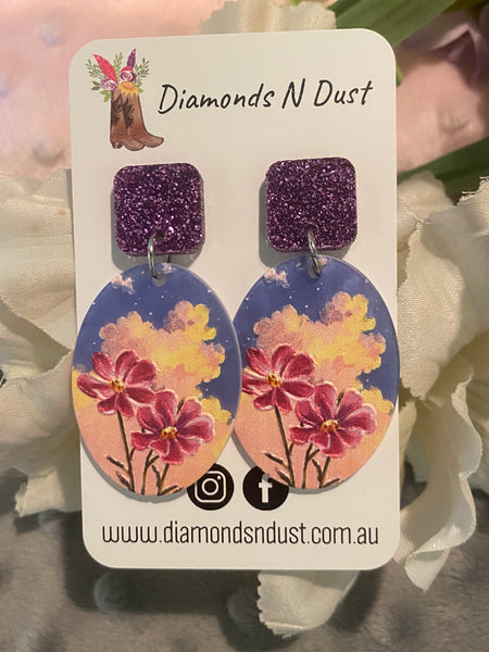 Oval Flower Dangle Earrings