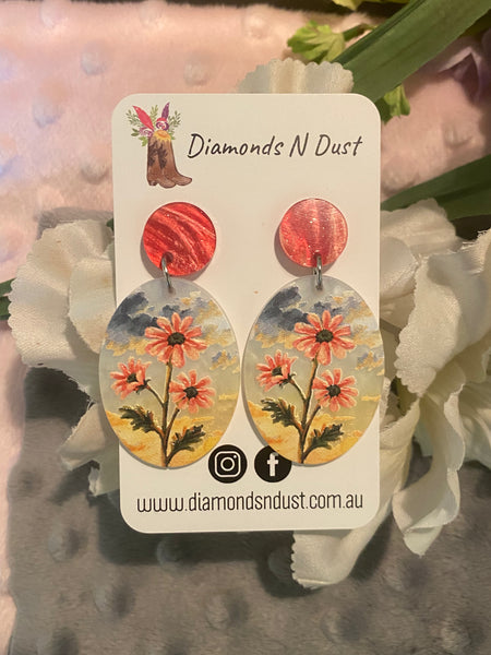 Oval Flower Dangle Earrings