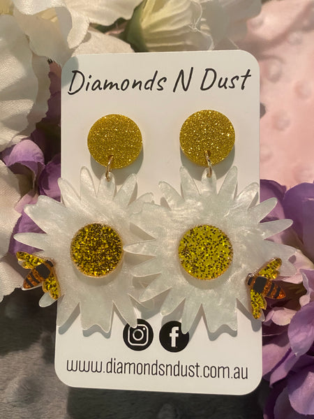 Daisy and Bees Dangle Earrings