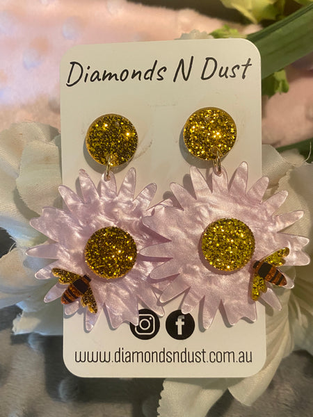Daisy and Bees Dangle Earrings