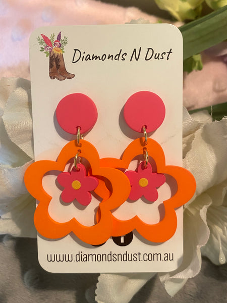 Orange and pink Flower Dangle Earrings