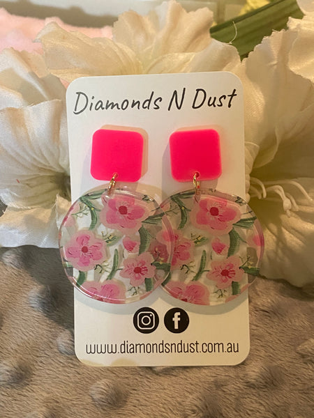 Bright Pink Flower Dangle Earrings