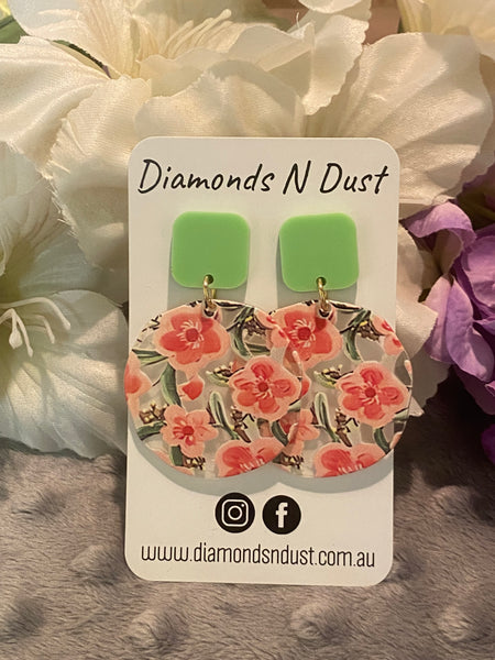 Pink & Green Flower Dangle Earrings