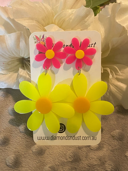 Fluorescent Pink and yellow flower dangle earrings