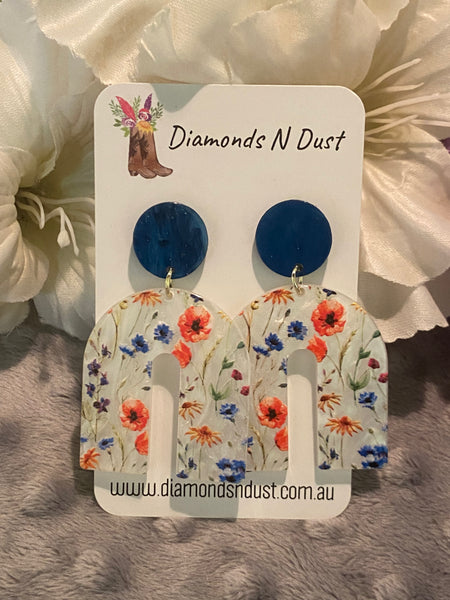 Blue and Floral Arch Dangle earrings