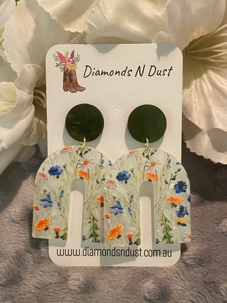 Olive Green and Floral Arch Dangle earrings
