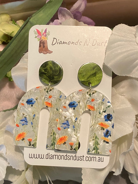 Olive Green and Floral Arch Dangle earrings