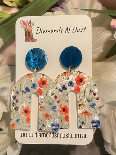 Blue and Floral Arch Dangle earrings