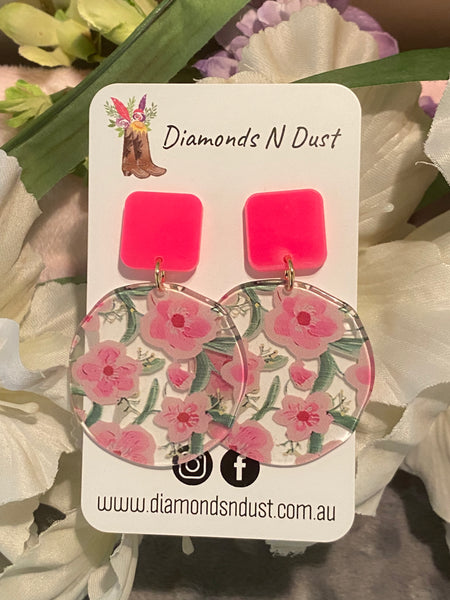 Bright Pink Flower Dangle Earrings