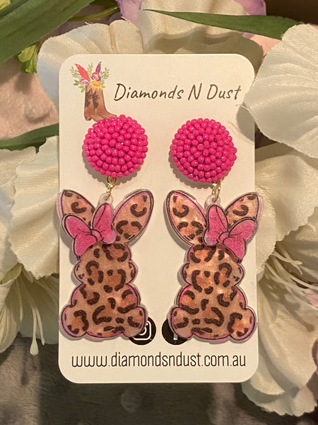 Leopard Bunny with a Pink Bow Dangle Earrings