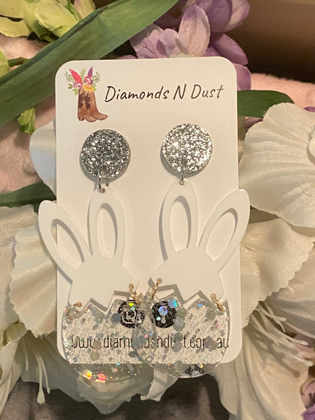 White Easter Bunny Egg Dangle Earrings