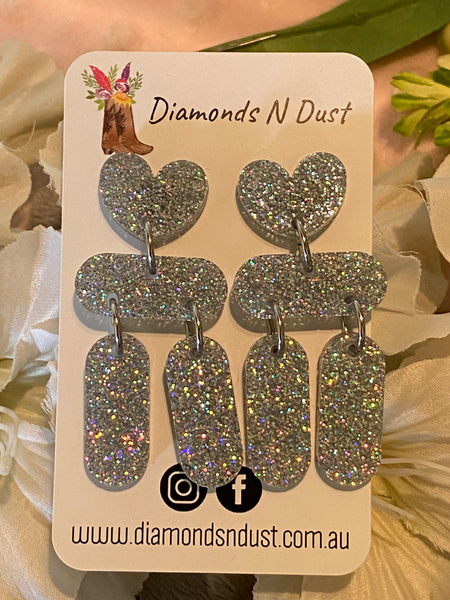 Silver Glitter Heart Drop Earrings