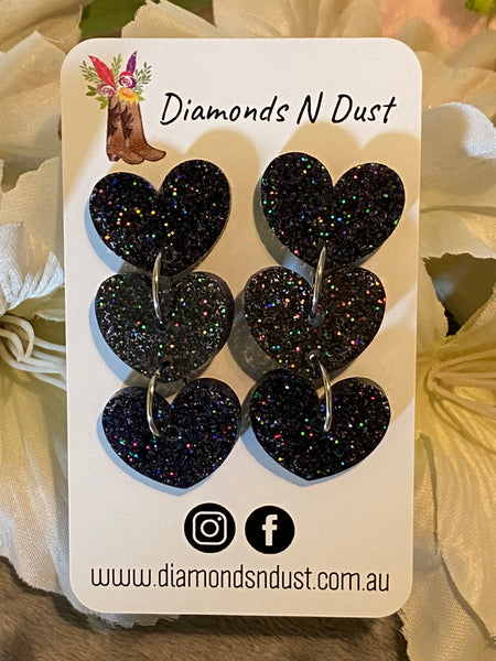 Black Glitter Trio Love Dangle Earrings
