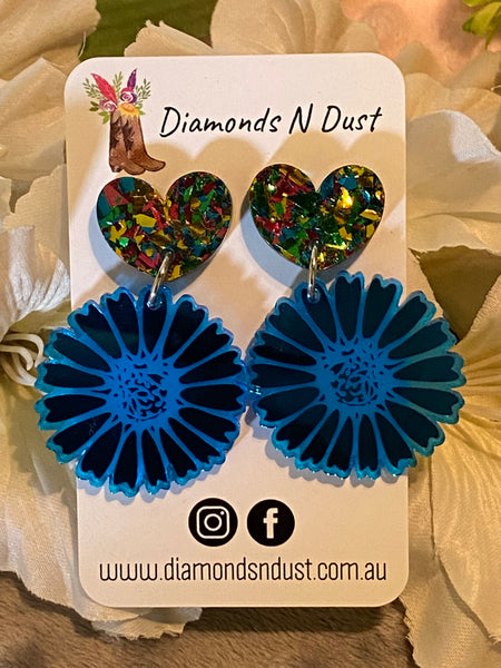 Rainbow Heart Daisy Dangle Earrings