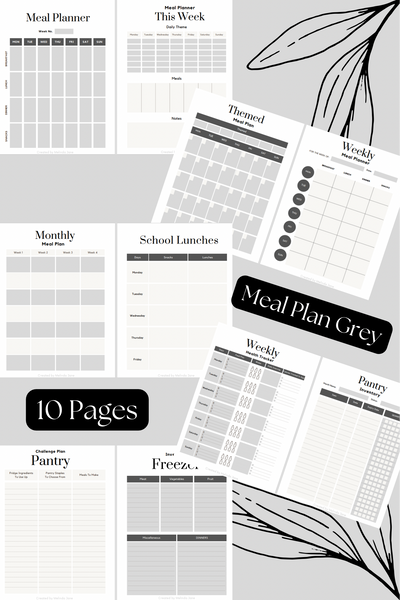Grey Meal Planner Digital Download *Digital Product ONLY* (10 pages) + BONUS Recipes
