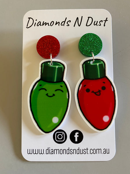 Green and Red Christmas light Bulb dangle earrings