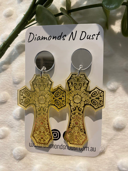 Gold Cross Dangle Earrings