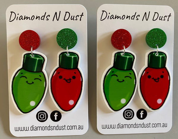 Green and Red Christmas light Bulb dangle earrings