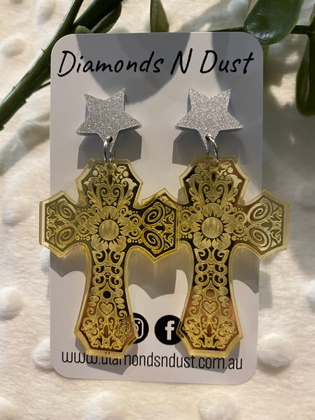 Gold Cross Dangle Earrings